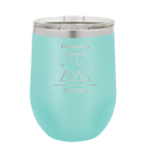 Personalized teal 12 oz vacuum insulated wine cup with 'Camping Squad' design