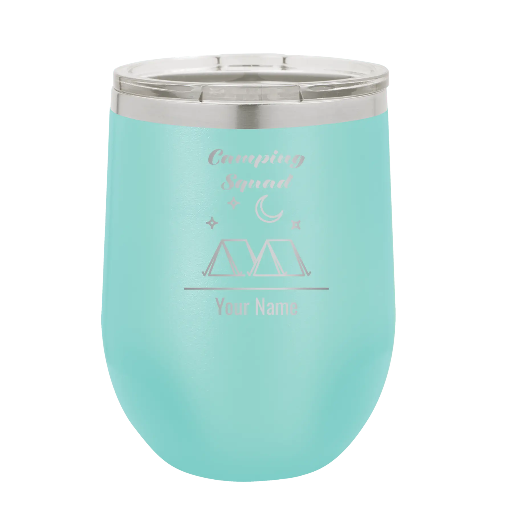 Personalized teal 12 oz vacuum insulated wine cup with 'Camping Squad' design