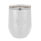 Personalized white 12 oz vacuum insulated wine cup with 'Camping Squad' design