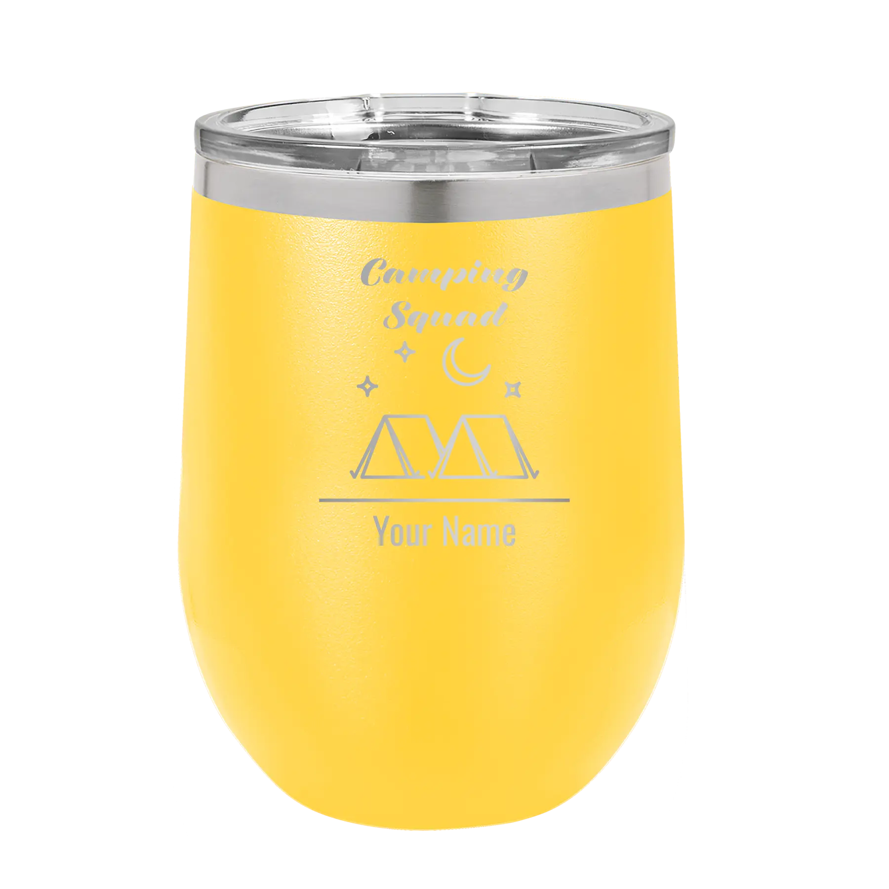 Personalized yellow 12 oz vacuum insulated wine cup with 'Camping Squad' design