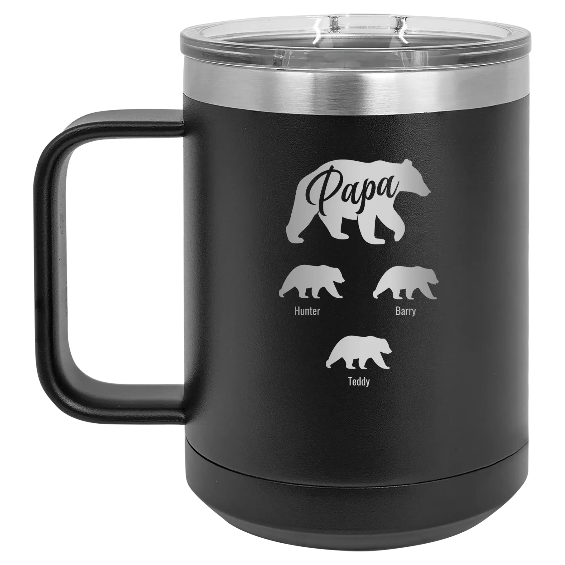 Personalized black 15 oz vacuum insulated coffee mug with 'Papa Bear 3 baby bears' design