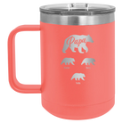 Personalized coral 15 oz vacuum insulated coffee mug with 'Papa Bear 3 baby bears' design