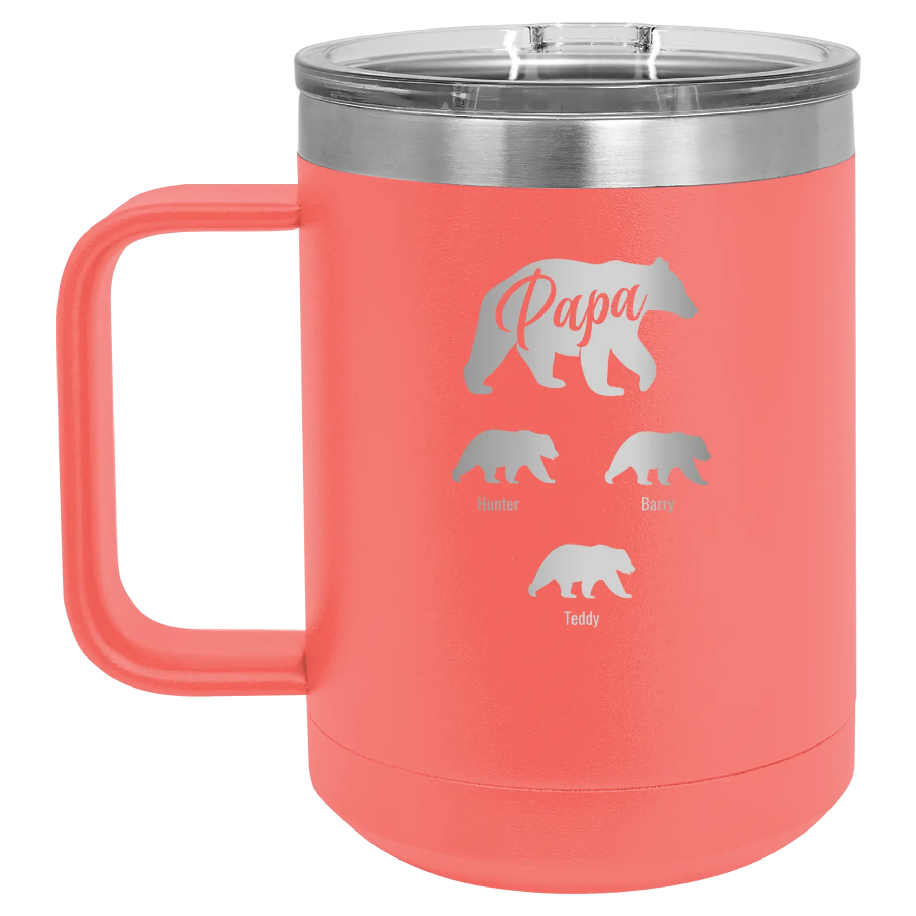 Personalized coral 15 oz vacuum insulated coffee mug with 'Papa Bear 3 baby bears' design
