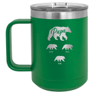 Personalized green 15 oz vacuum insulated coffee mug with 'Papa Bear 3 baby bears' design