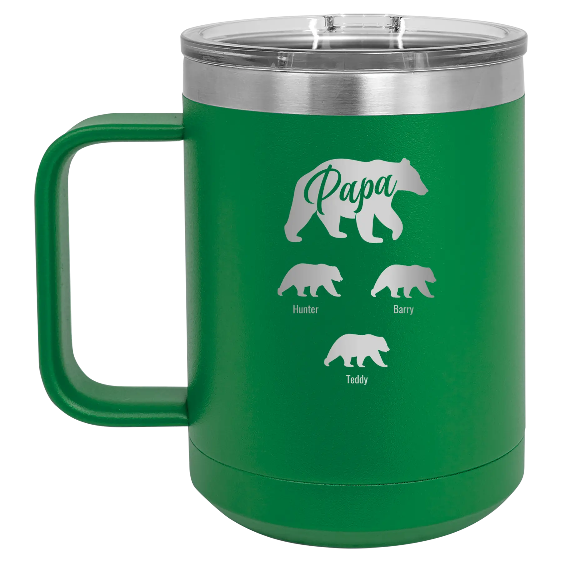 Personalized green 15 oz vacuum insulated coffee mug with 'Papa Bear 3 baby bears' design