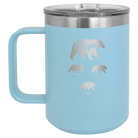 Personalized light blue 15 oz vacuum insulated coffee mug with 'Papa Bear 3 baby bears' design
