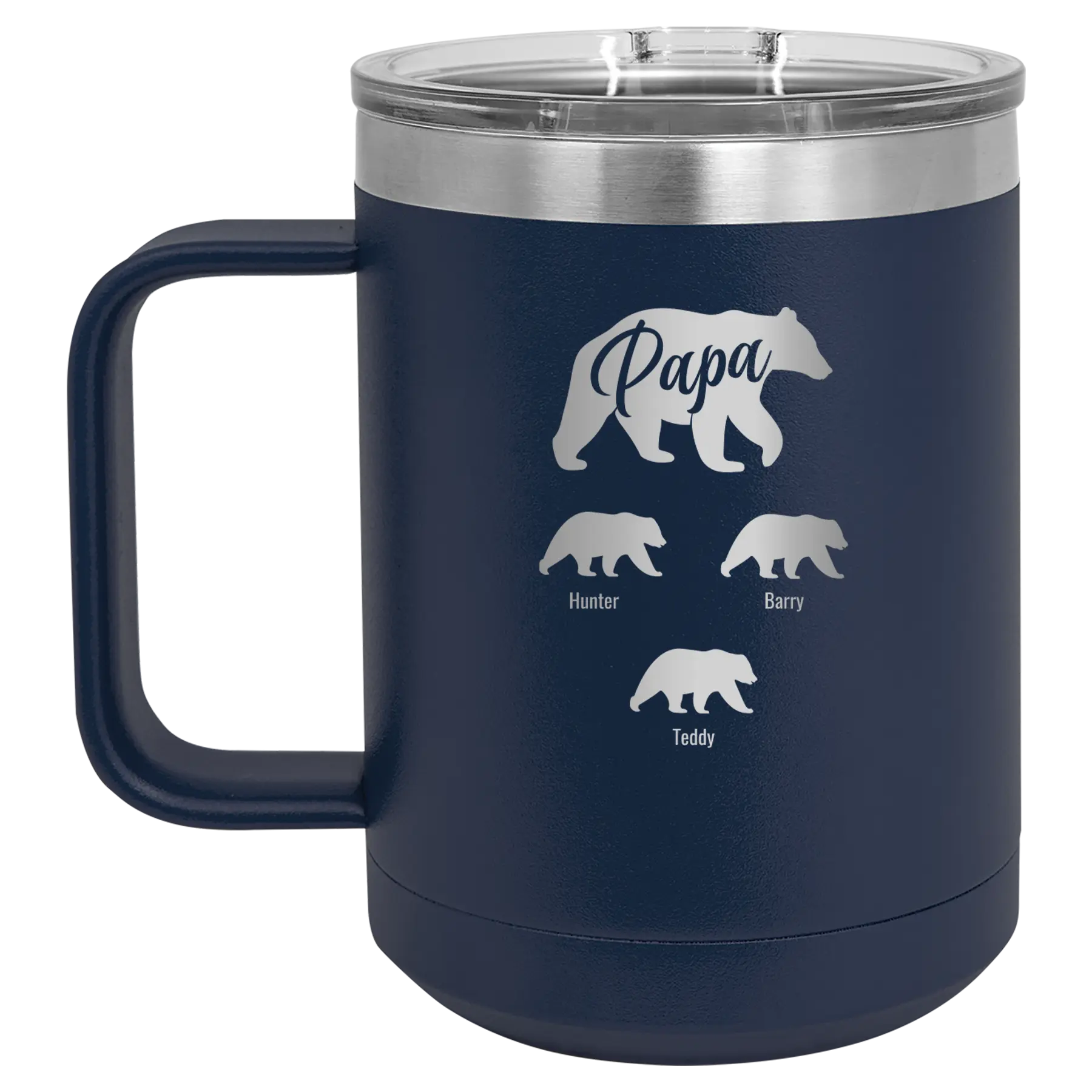 Personalized navy 15 oz vacuum insulated coffee mug with 'Papa Bear 3 baby bears' design