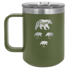 Personalized olive green 15 oz vacuum insulated coffee mug with 'Papa Bear 3 baby bears' design