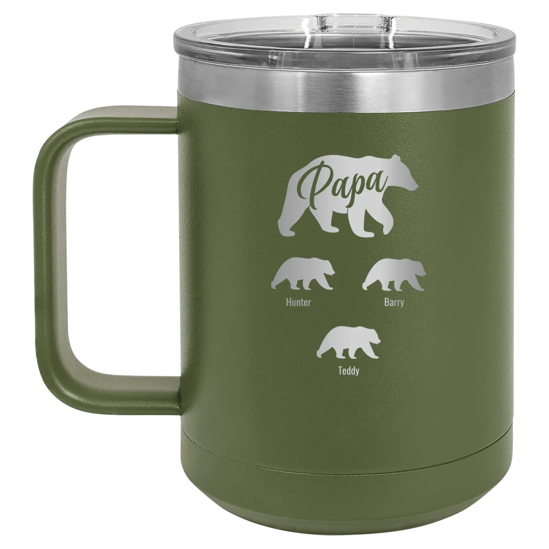Personalized olive green 15 oz vacuum insulated coffee mug with 'Papa Bear 3 baby bears' design