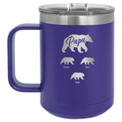 Personalized purple 15 oz vacuum insulated coffee mug with 'Papa Bear 3 baby bears' design