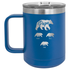 Personalized royal blue 15 oz vacuum insulated coffee mug with 'Papa Bear 3 baby bears' design