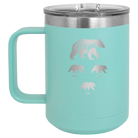Personalized teal 15 oz vacuum insulated coffee mug with 'Papa Bear 3 baby bears' design
