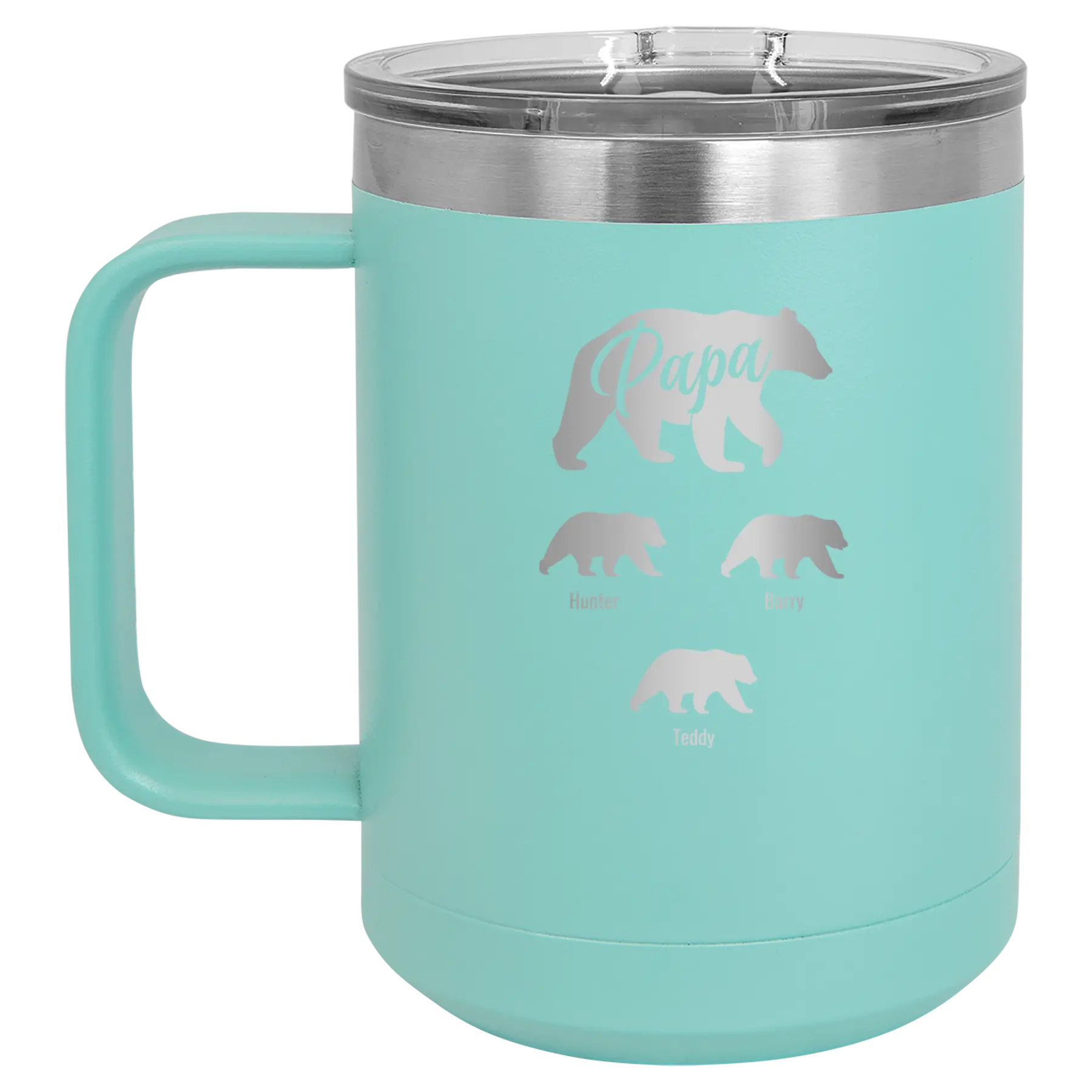 Personalized teal 15 oz vacuum insulated coffee mug with 'Papa Bear 3 baby bears' design