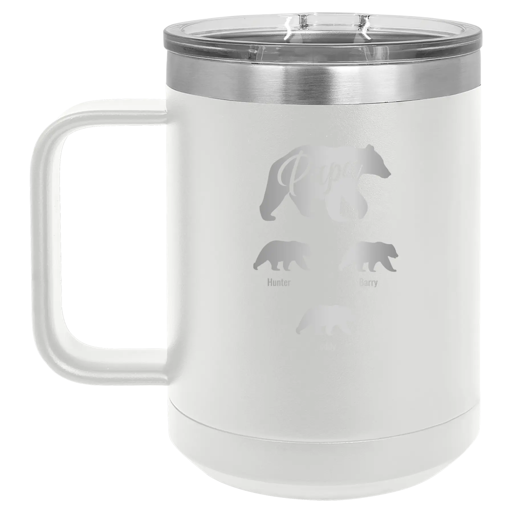 Personalized white 15 oz vacuum insulated coffee mug with 'Papa Bear 3 baby bears' design