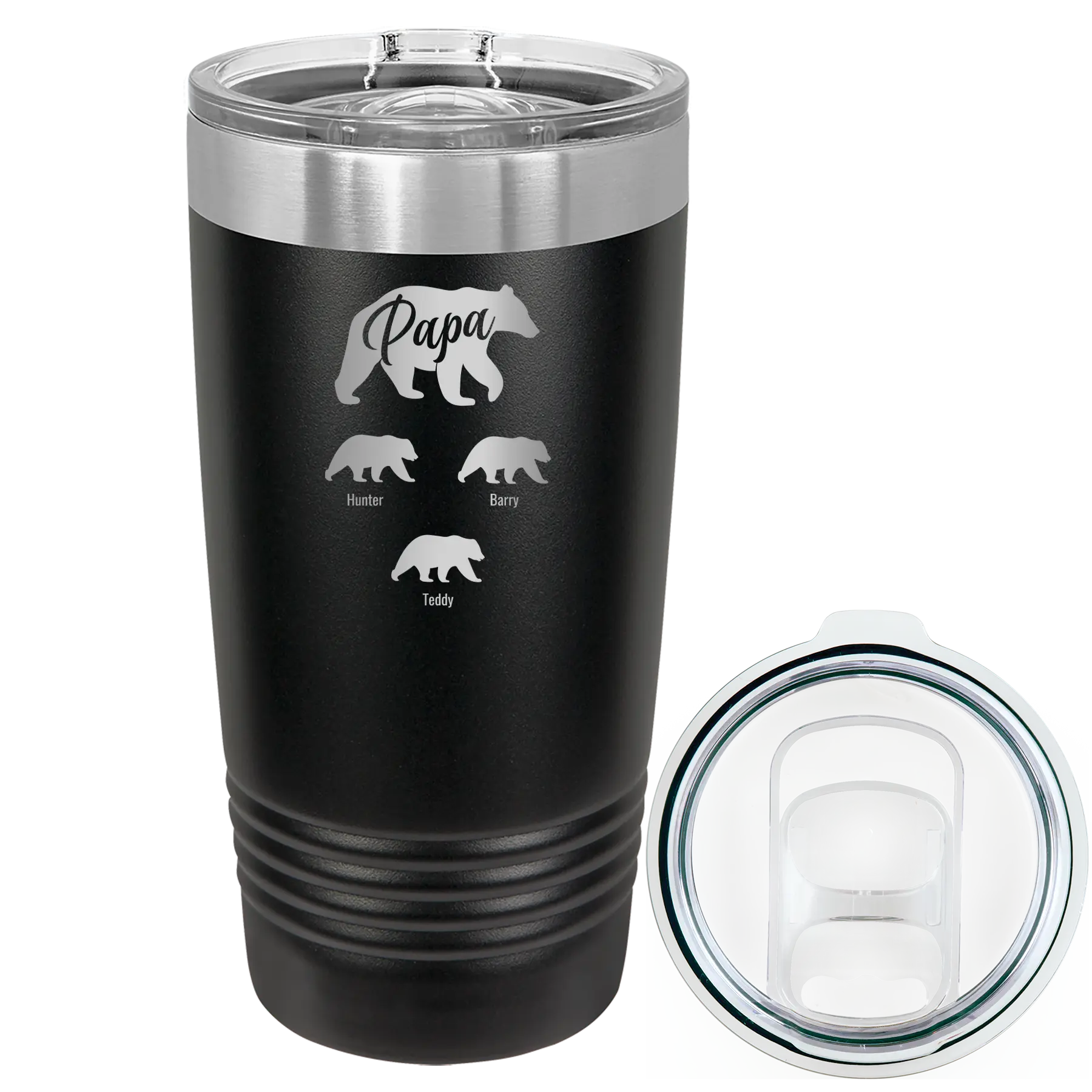Personalized black 20 oz vacuum insulated tumbler with 'Papa Bear 3 baby bears' design