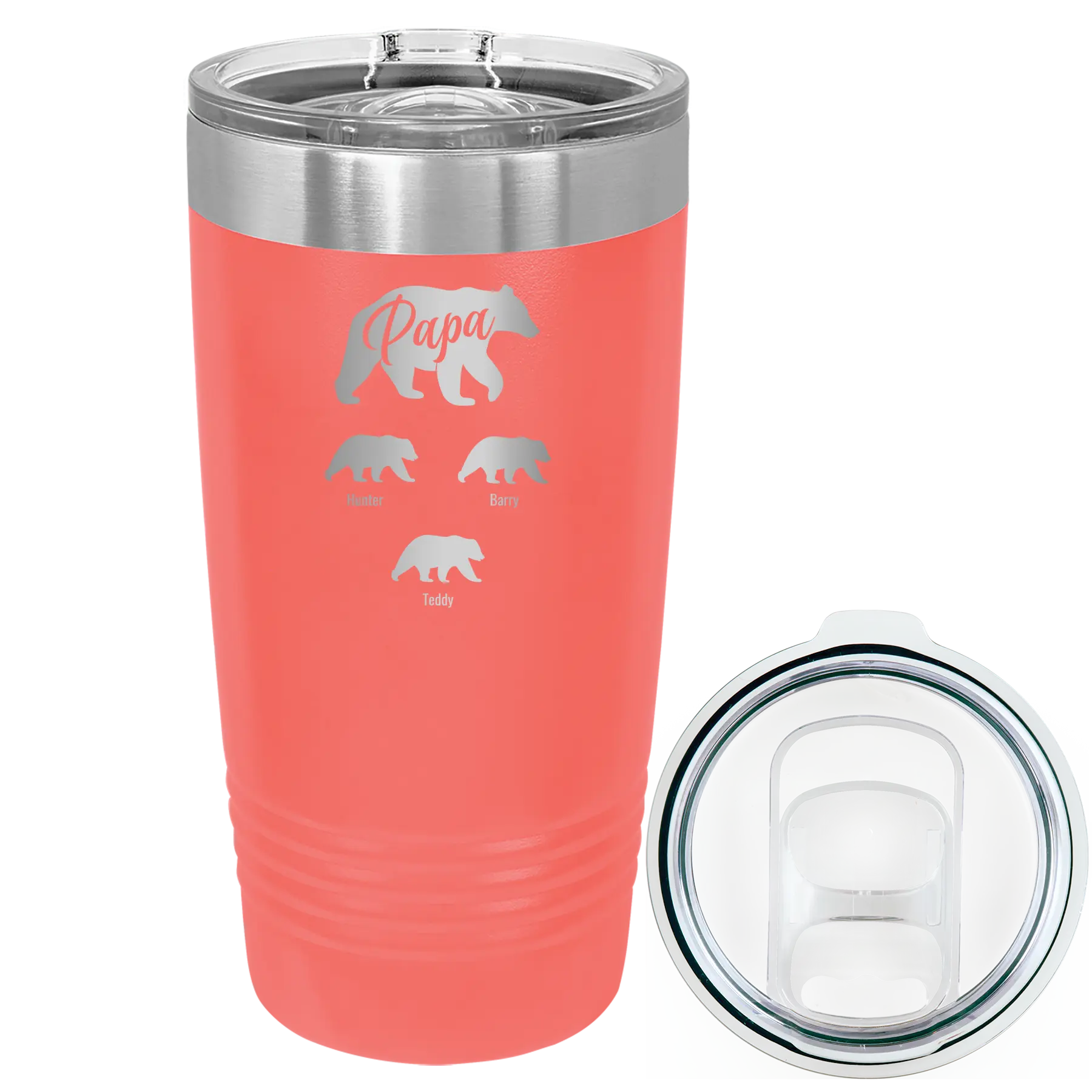 Personalized coral 20 oz vacuum insulated tumbler with 'Papa Bear 3 baby bears' design