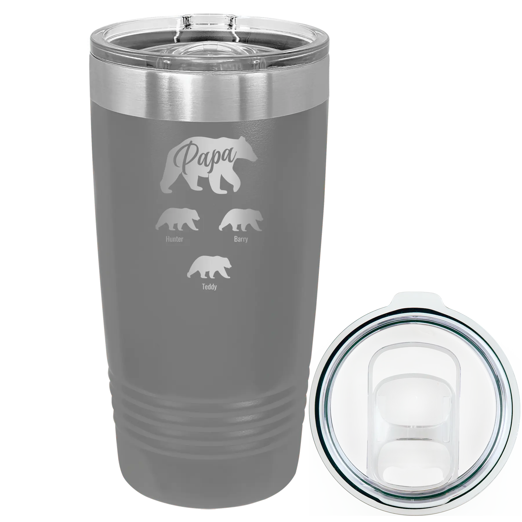 Personalized dark gray 20 oz vacuum insulated tumbler with 'Papa Bear 3 baby bears' design