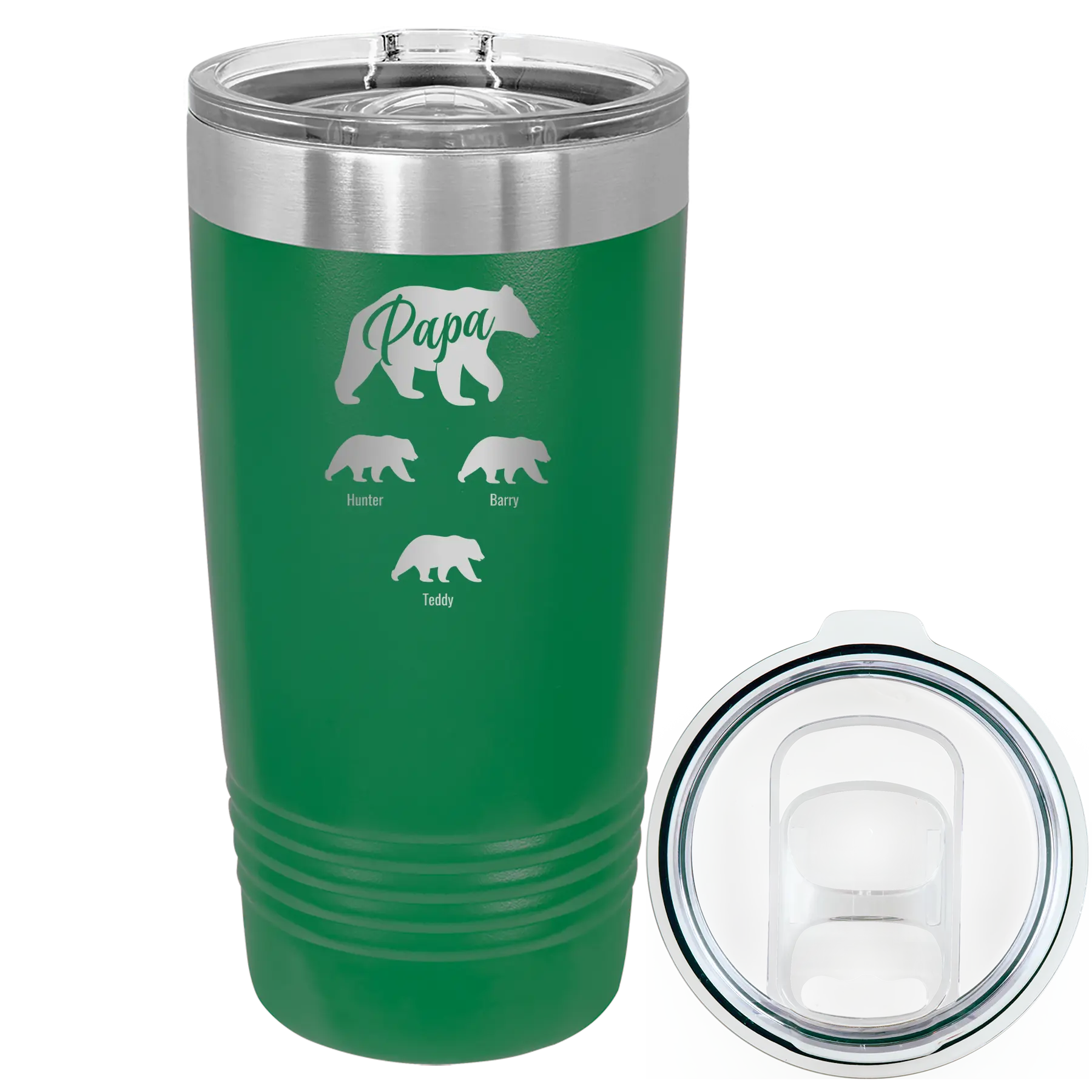 Personalized green 20 oz vacuum insulated tumbler with 'Papa Bear 3 baby bears' design