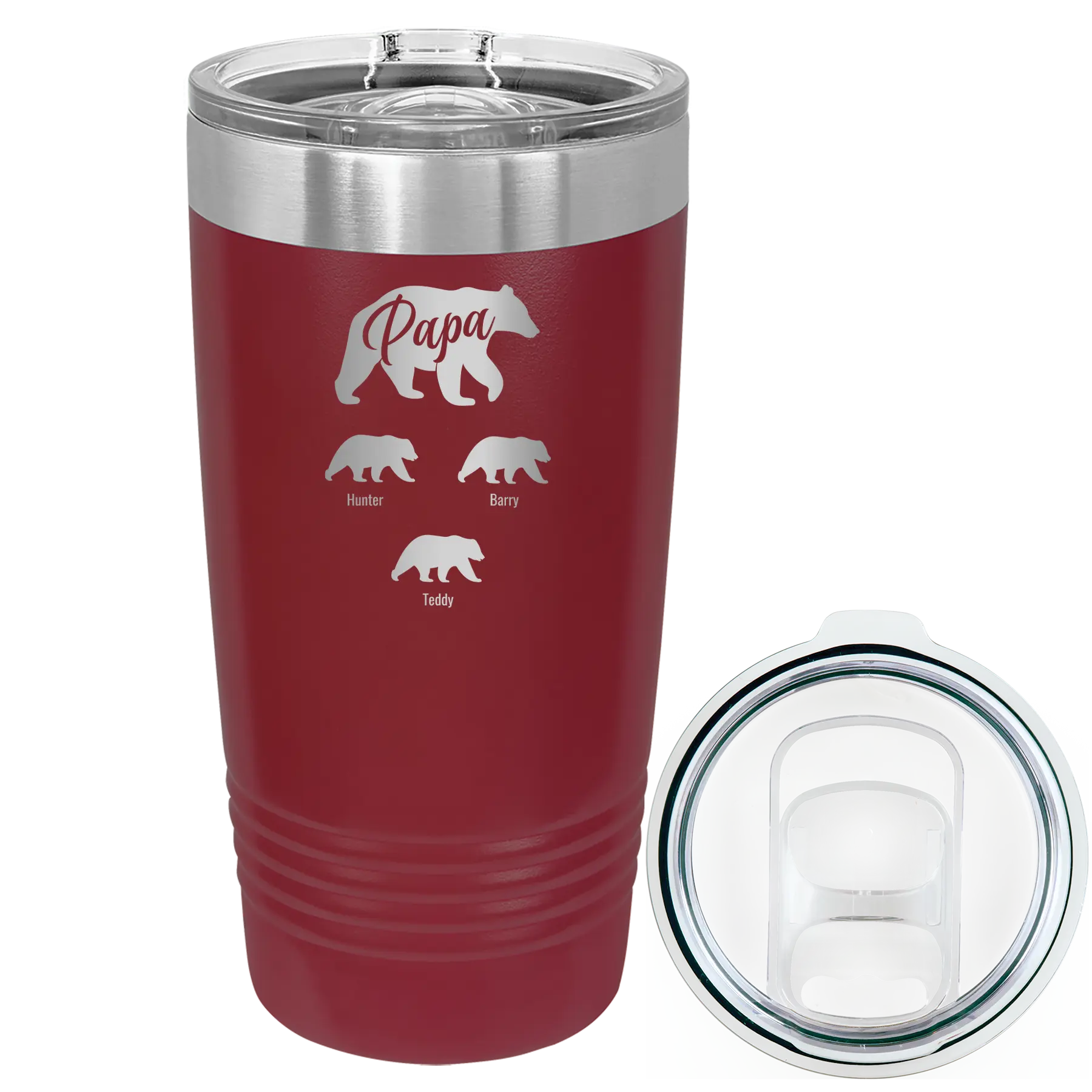 Personalized maroon 20 oz vacuum insulated tumbler with 'Papa Bear 3 baby bears' design