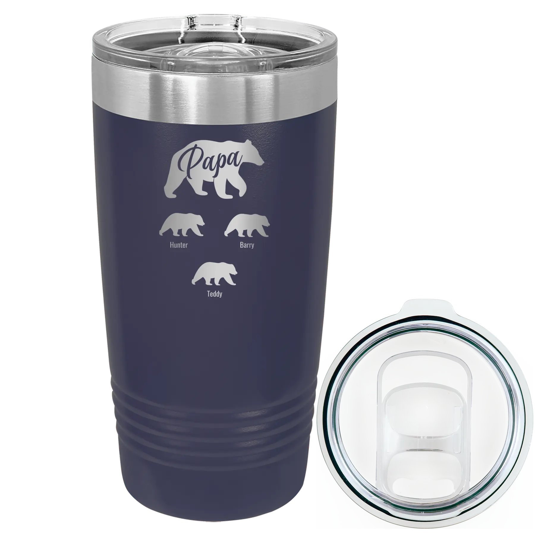Personalized navy 20 oz vacuum insulated tumbler with 'Papa Bear 3 baby bears' design