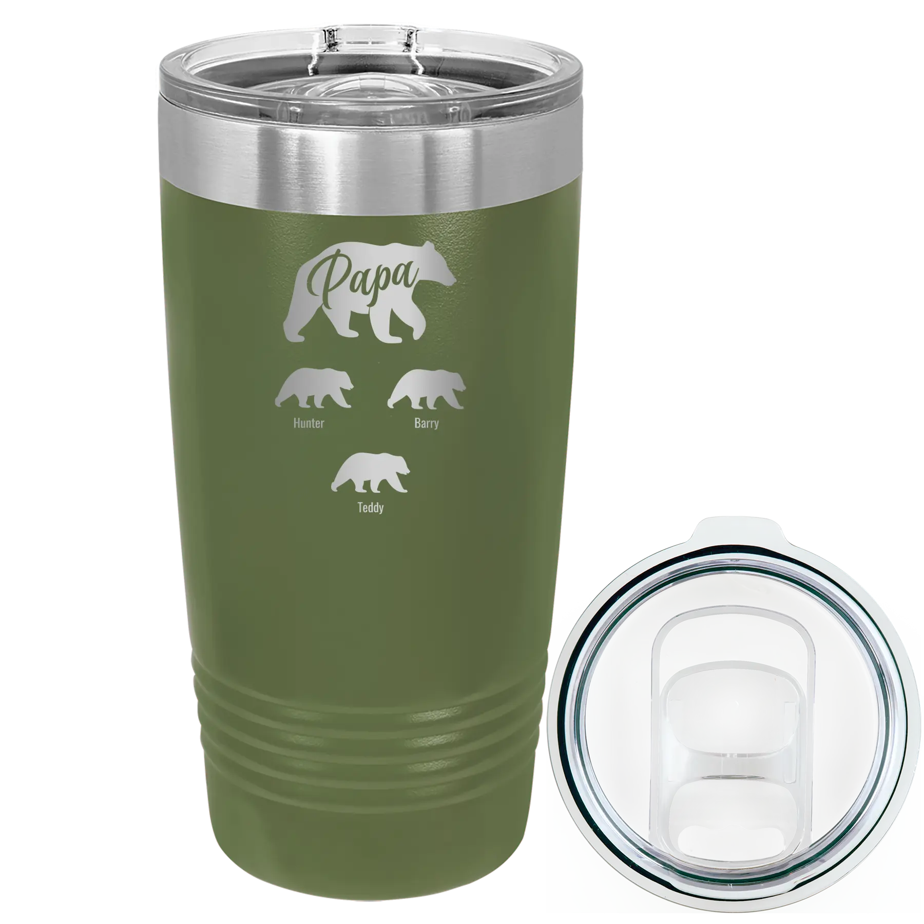 Personalized olive green 20 oz vacuum insulated tumbler with 'Papa Bear 3 baby bears' design