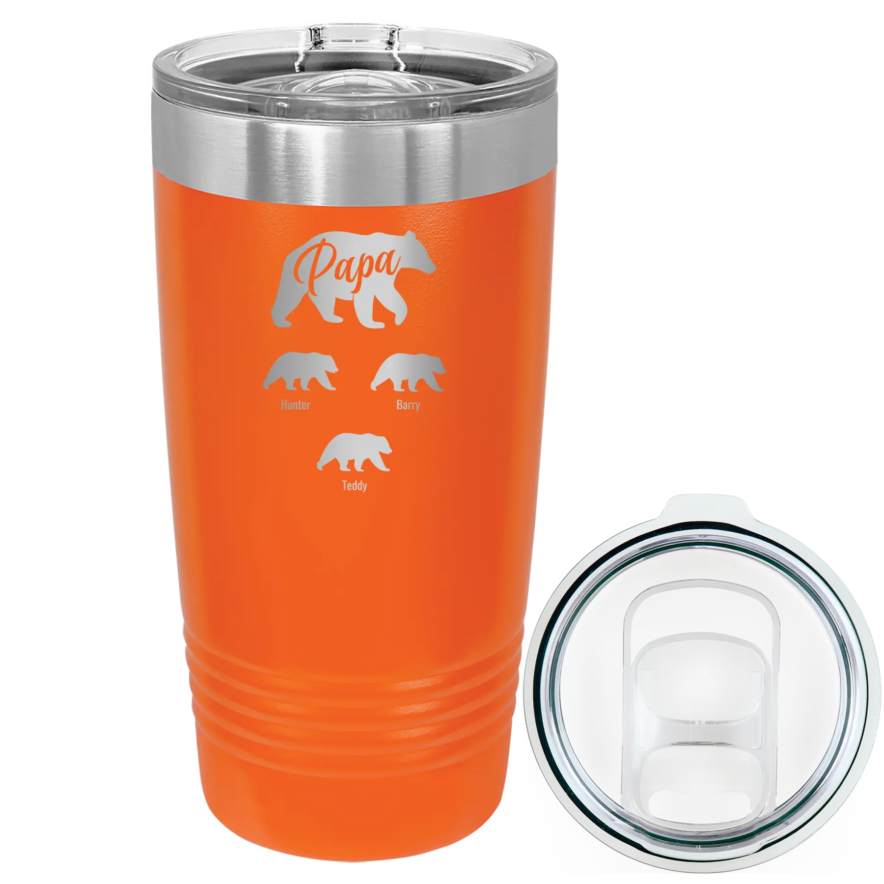 Personalized orange 20 oz vacuum insulated tumbler with 'Papa Bear 3 baby bears' design