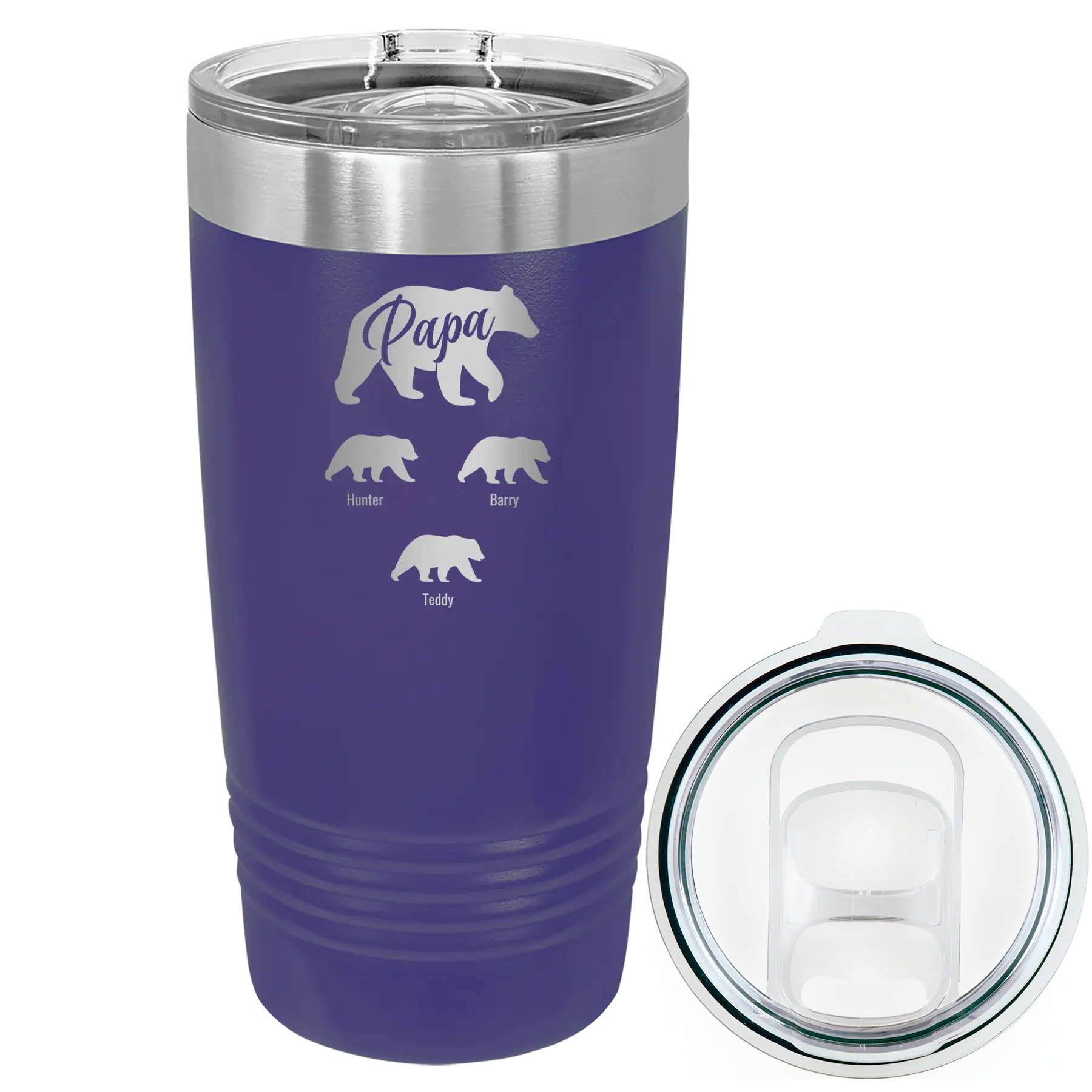 Personalized purple 20 oz vacuum insulated tumbler with 'Papa Bear 3 baby bears' design
