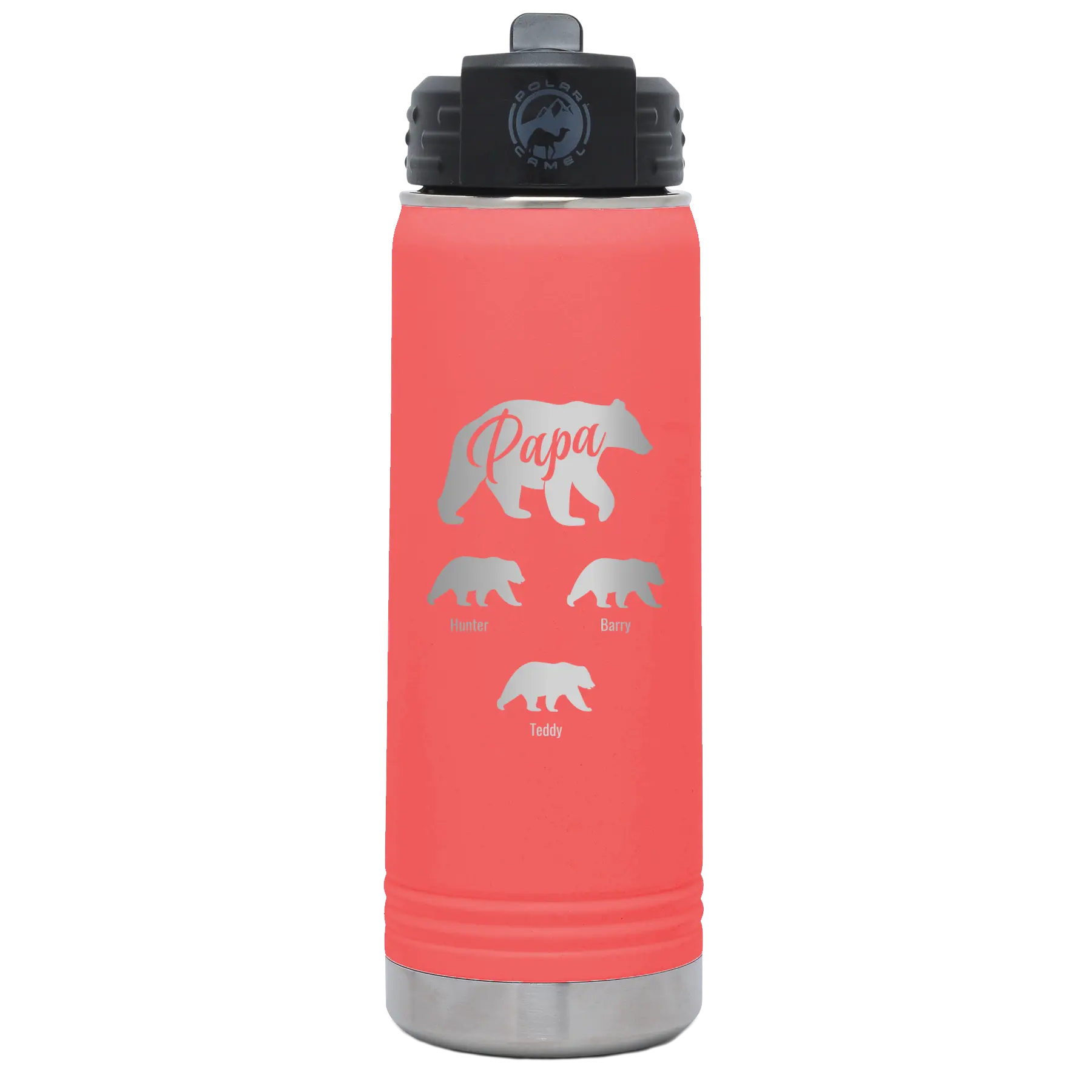 Personalized coral 20 oz vacuum insulated water bottle with 'Papa Bear 3 baby bears' design
