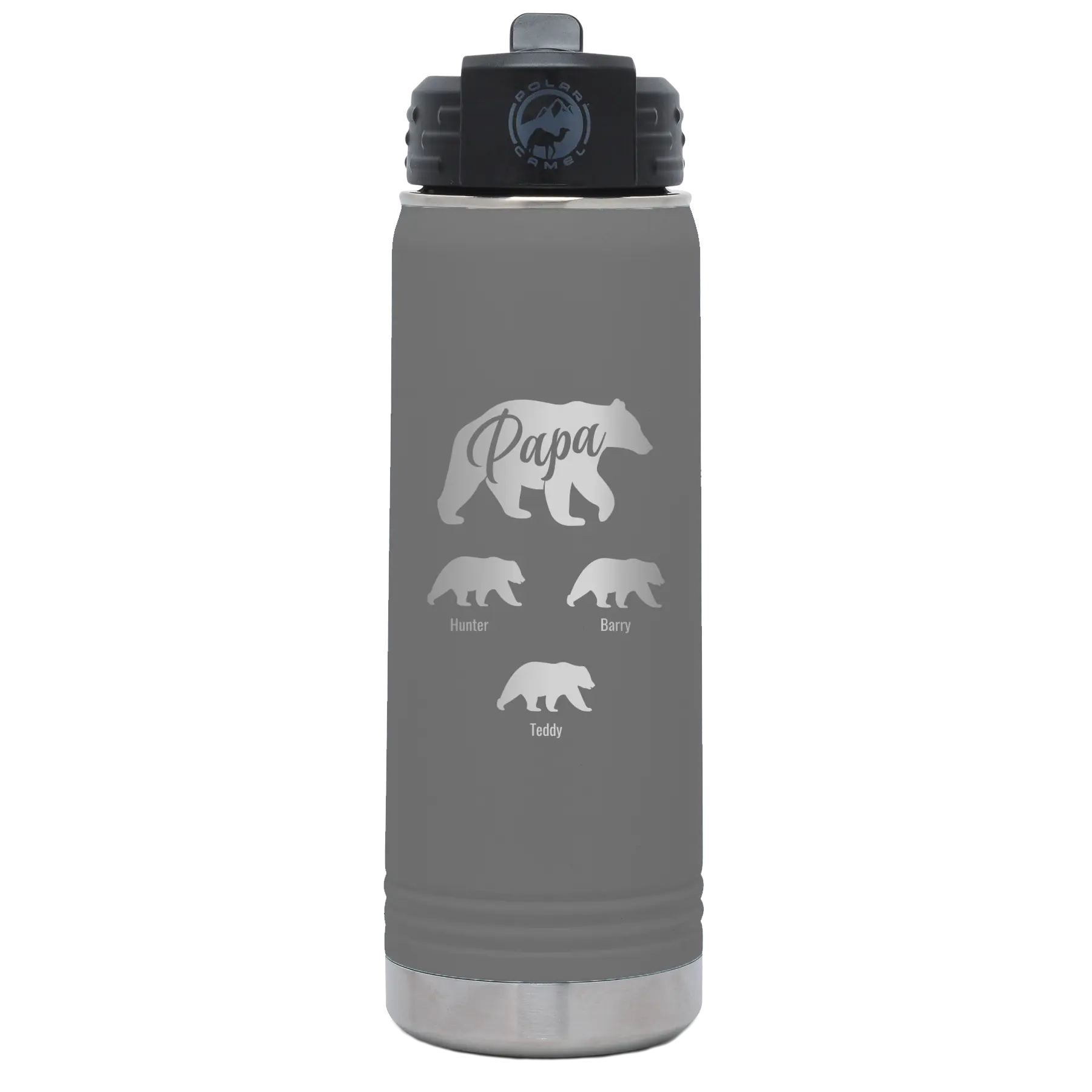 Personalized dark gray 20 oz vacuum insulated water bottle with 'Papa Bear 3 baby bears' design