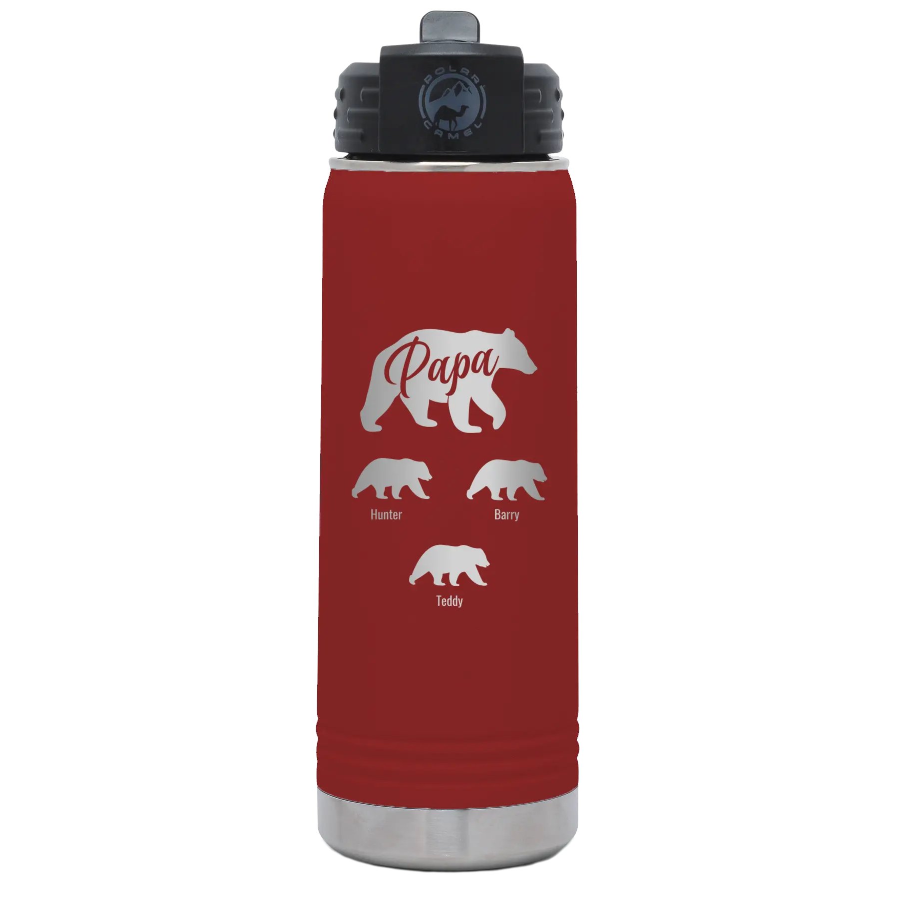 Personalized maroon 20 oz vacuum insulated water bottle with 'Papa Bear 3 baby bears' design