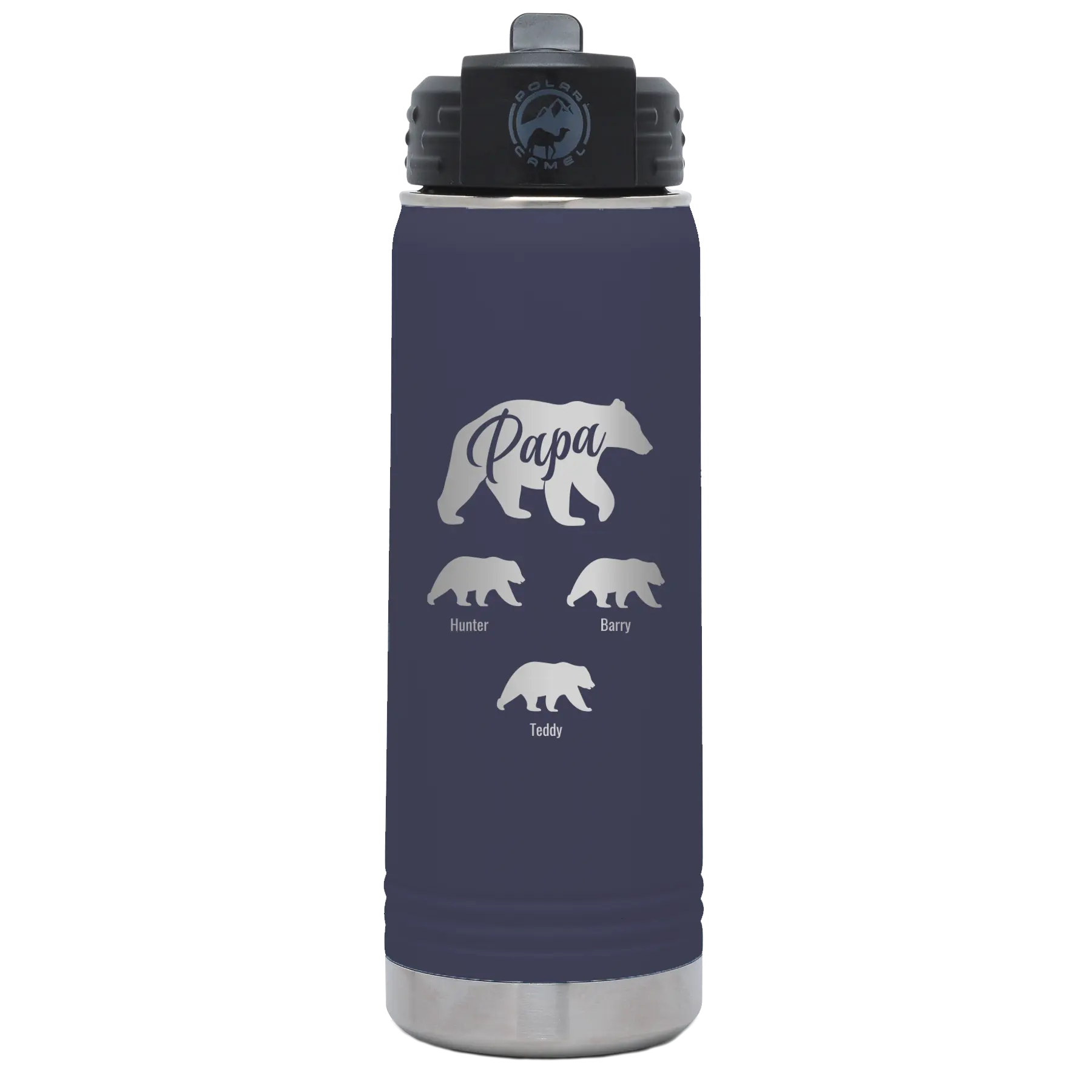 Personalized navy 20 oz vacuum insulated water bottle with 'Papa Bear 3 baby bears' design
