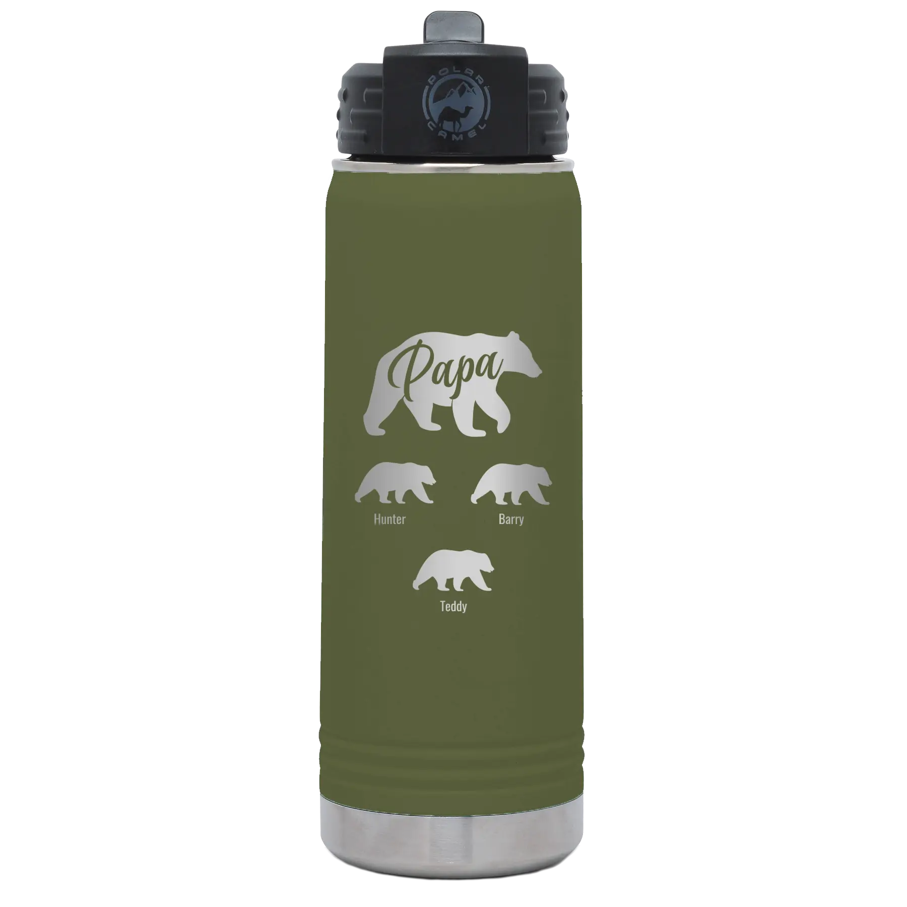 Personalized olive green 20 oz vacuum insulated water bottle with 'Papa Bear 3 baby bears' design
