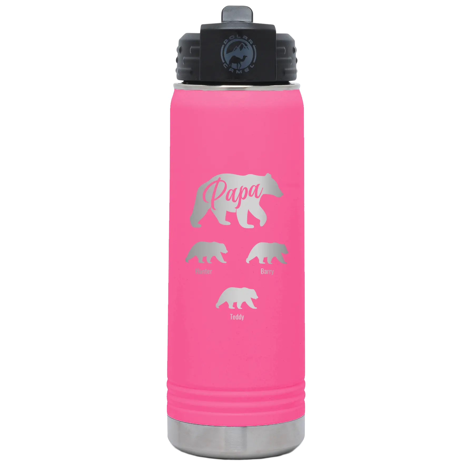 Personalized pink 20 oz vacuum insulated water bottle with 'Papa Bear 3 baby bears' design