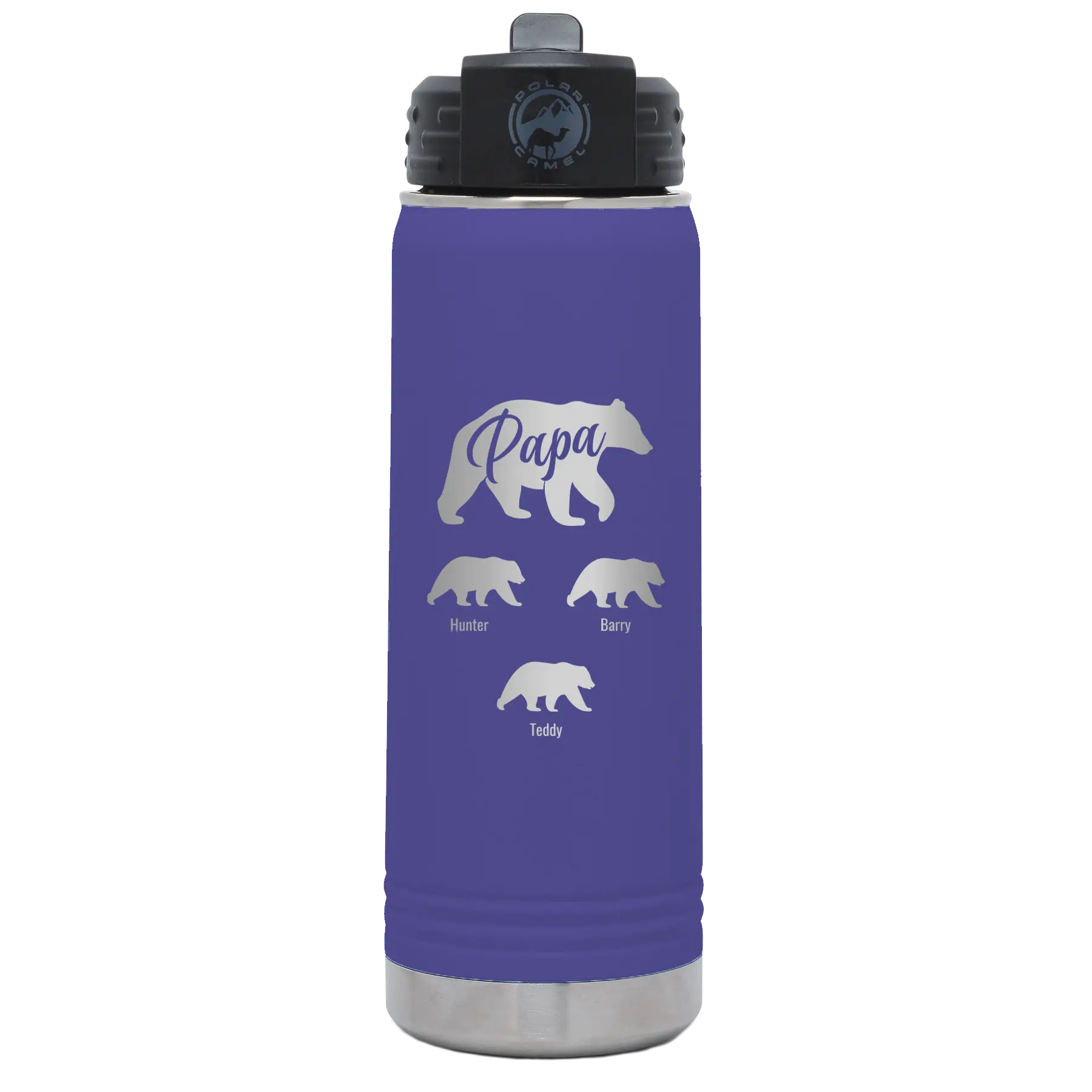 Personalized purple 20 oz vacuum insulated water bottle with 'Papa Bear 3 baby bears' design