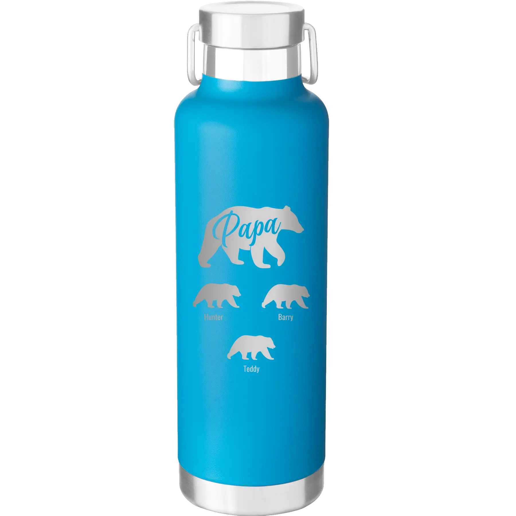 Personalized aqua 24 oz vacuum insulated water bottle with 'Papa Bear 3 baby bears' design
