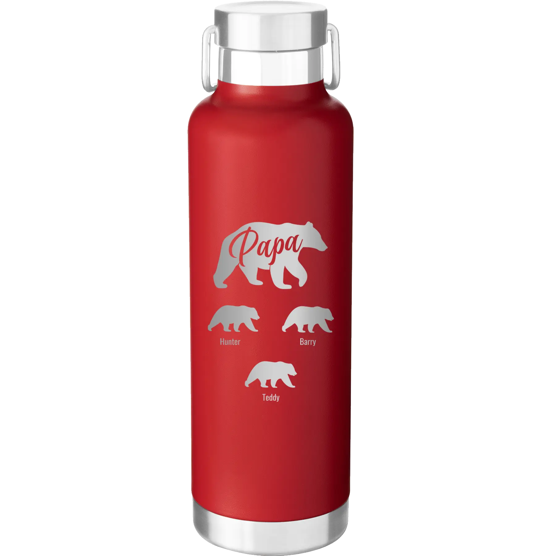 Personalized red 24 oz vacuum insulated water bottle with 'Papa Bear 3 baby bears' design