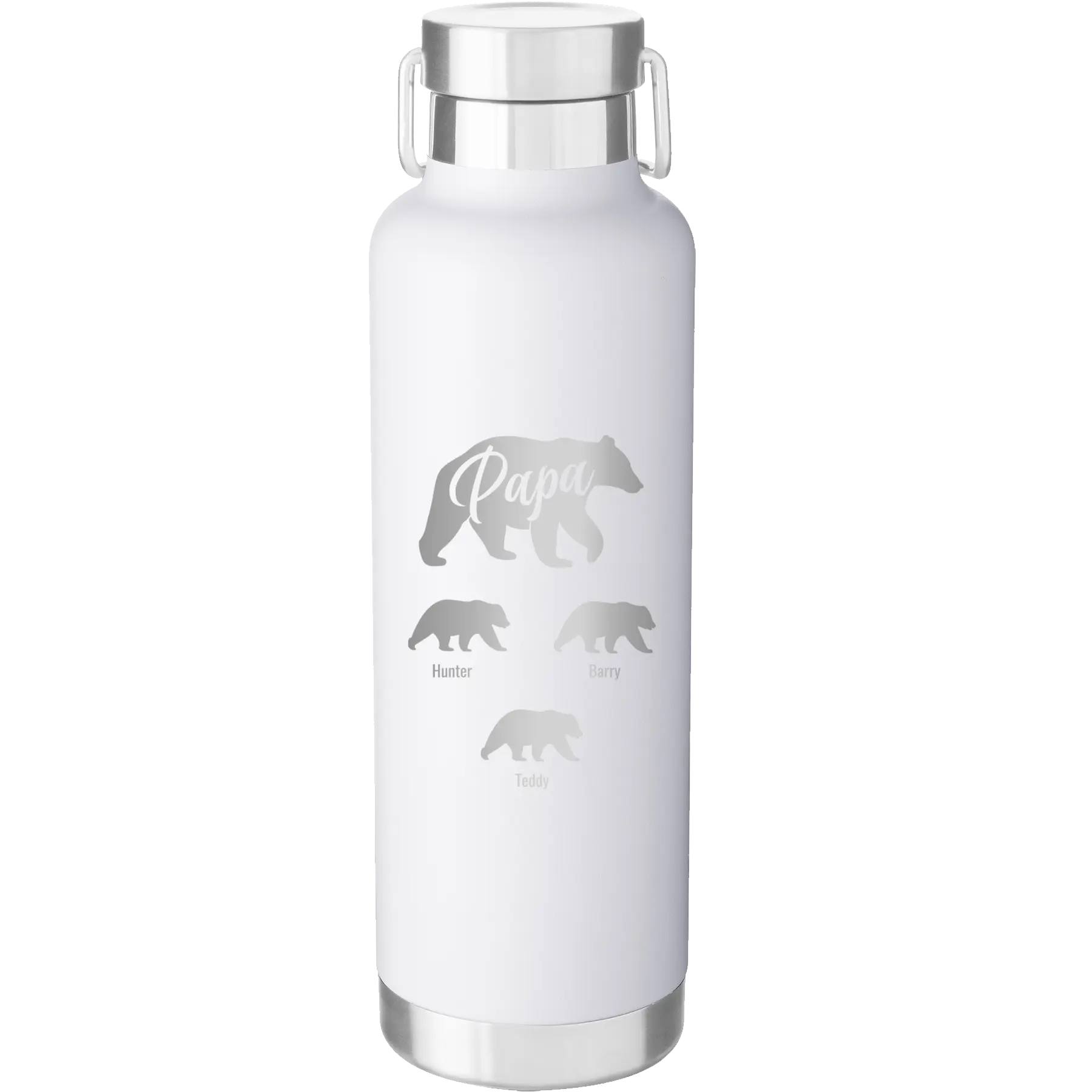 Personalized white 24 oz vacuum insulated water bottle with 'Papa Bear 3 baby bears' design