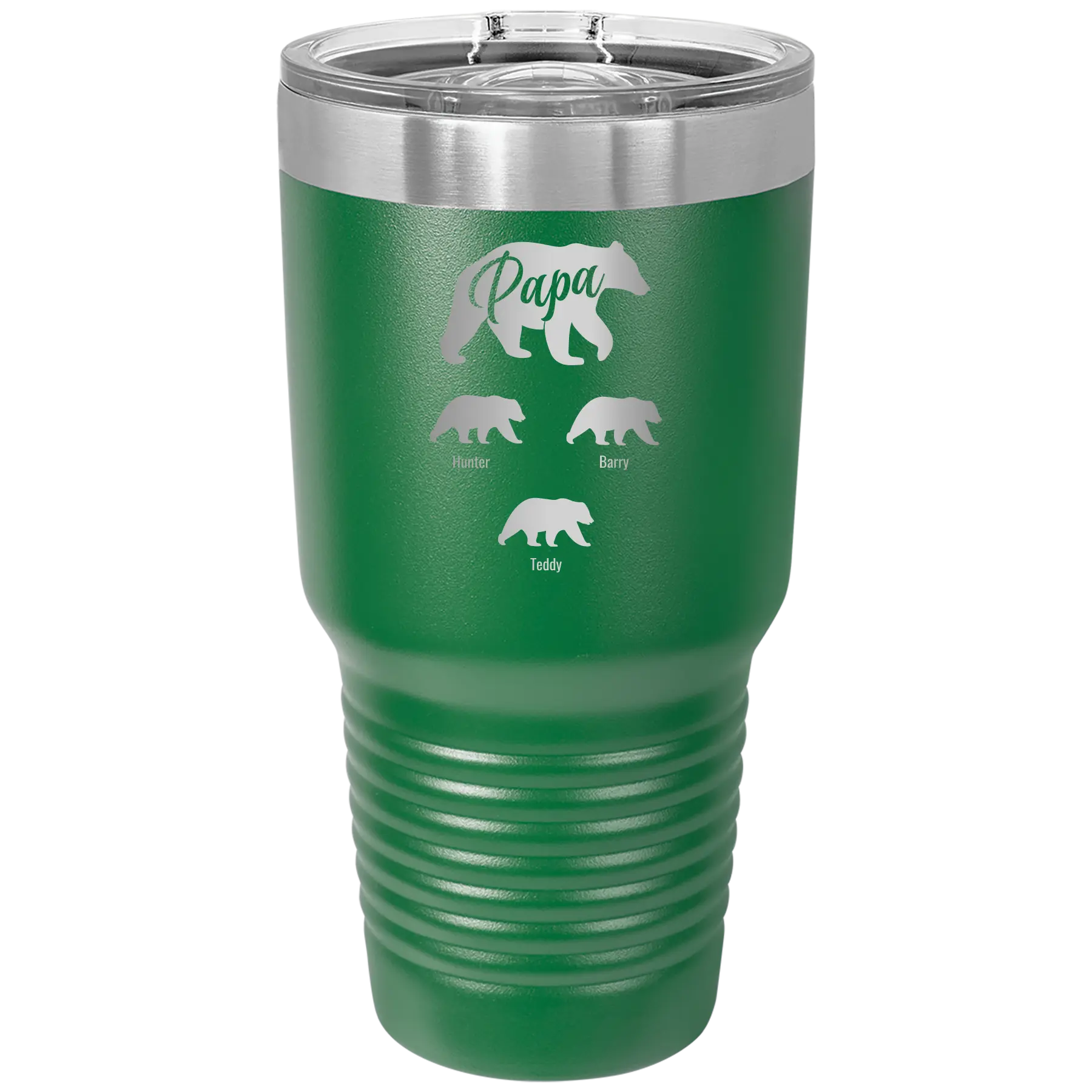Personalized green 30 oz vacuum insulated tumbler with 'Papa Bear 3 baby bears' design