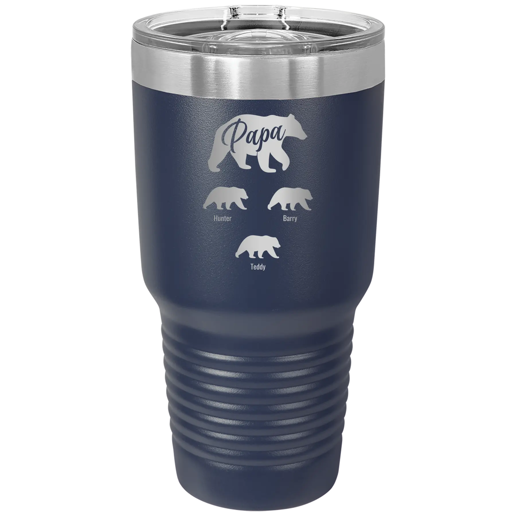 Personalized navy 30 oz vacuum insulated tumbler with 'Papa Bear 3 baby bears' design