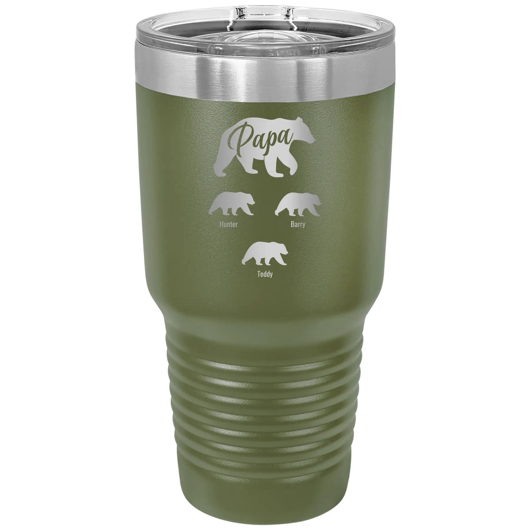 Personalized olive green 30 oz vacuum insulated tumbler with 'Papa Bear 3 baby bears' design
