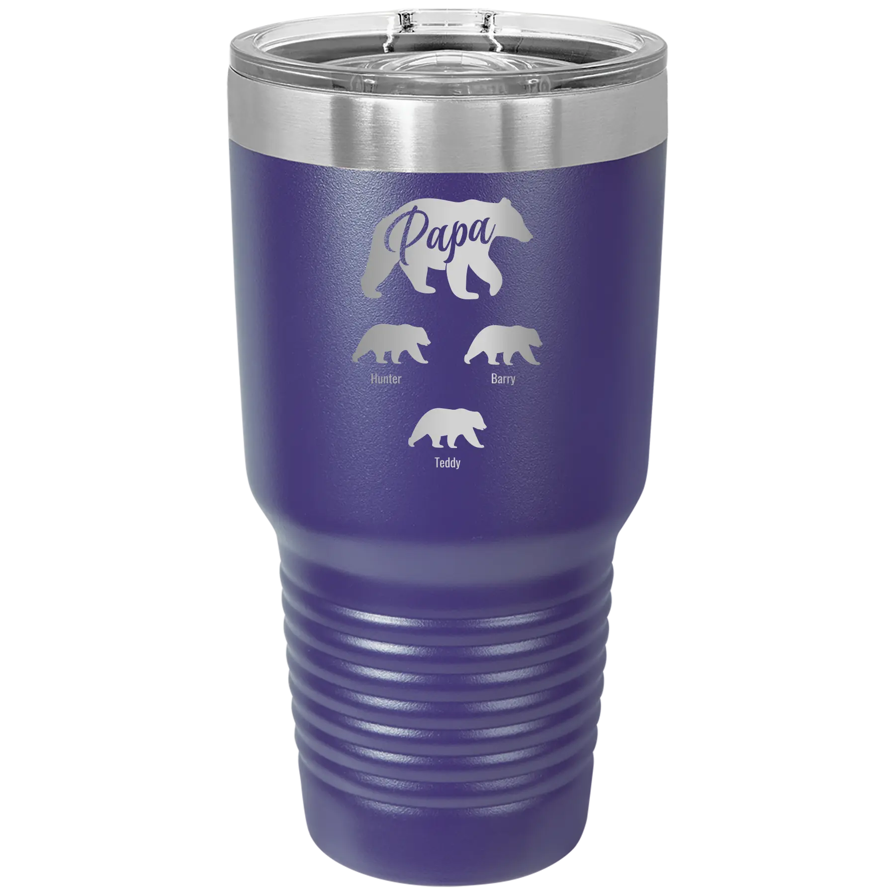 Personalized purple 30 oz vacuum insulated tumbler with 'Papa Bear 3 baby bears' design