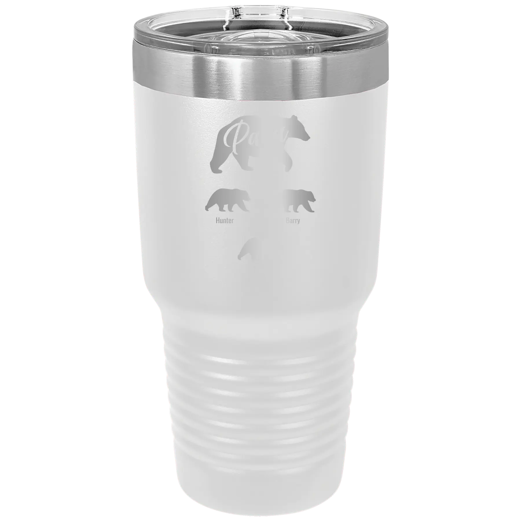 Personalized white 30 oz vacuum insulated tumbler with 'Papa Bear 3 baby bears' design