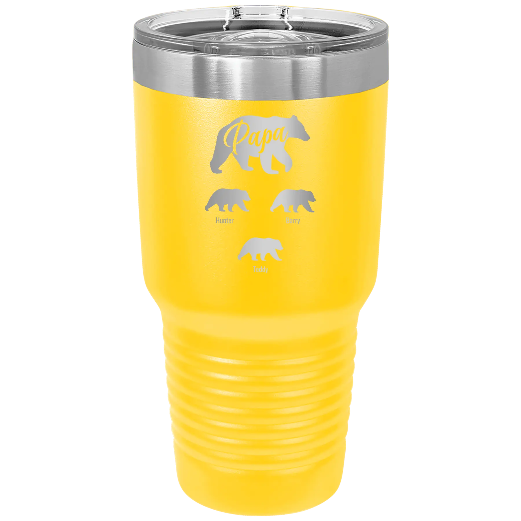Personalized yellow 30 oz vacuum insulated tumbler with 'Papa Bear 3 baby bears' design