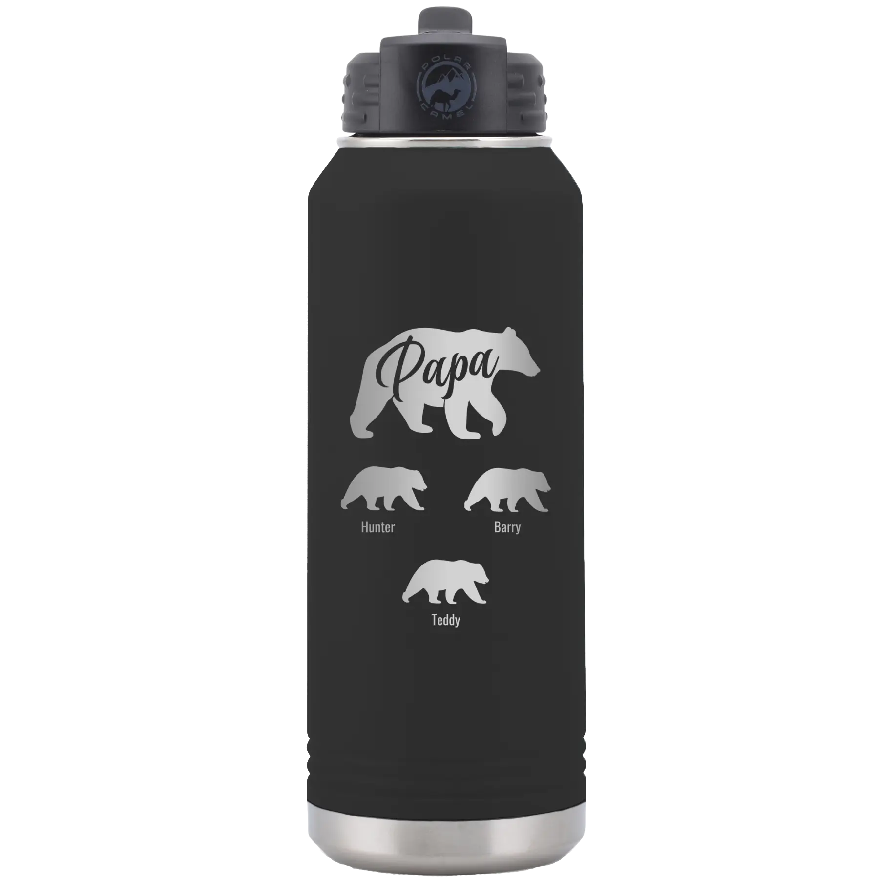 Personalized black 32 oz vacuum insulated water bottle with 'Papa Bear 3 baby bears' design