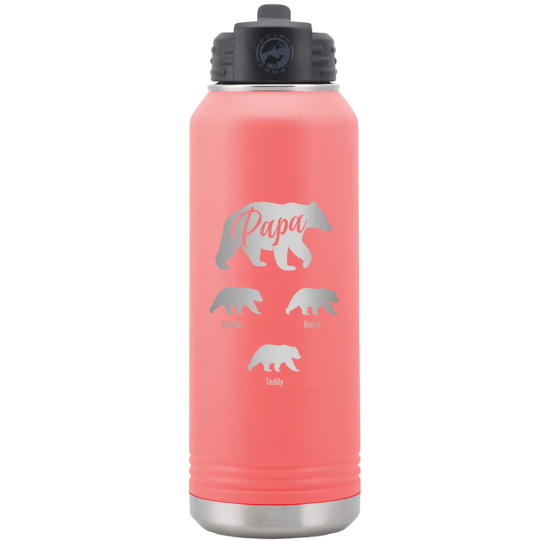Personalized coral 32 oz vacuum insulated water bottle with 'Papa Bear 3 baby bears' design