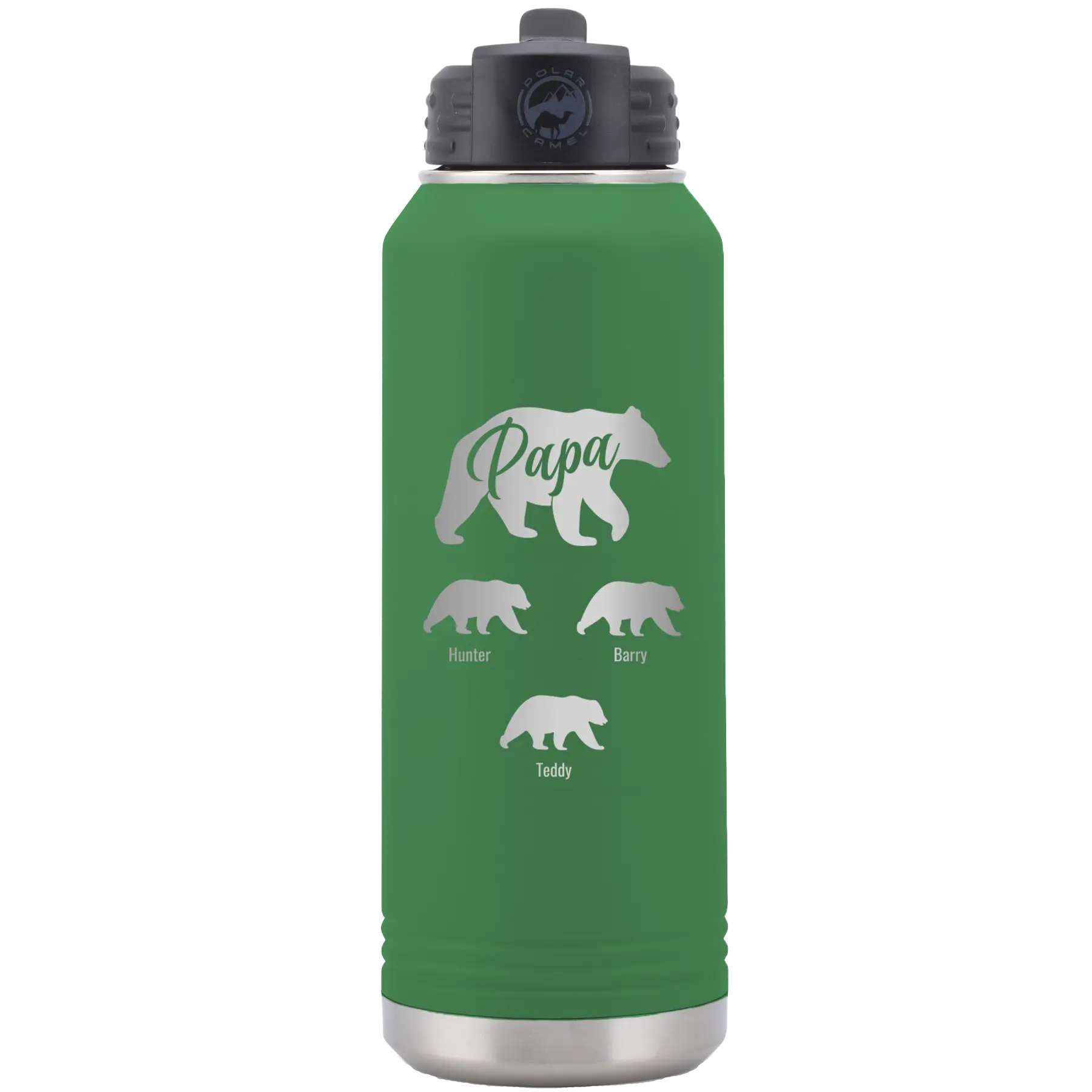 Personalized green 32 oz vacuum insulated water bottle with 'Papa Bear 3 baby bears' design