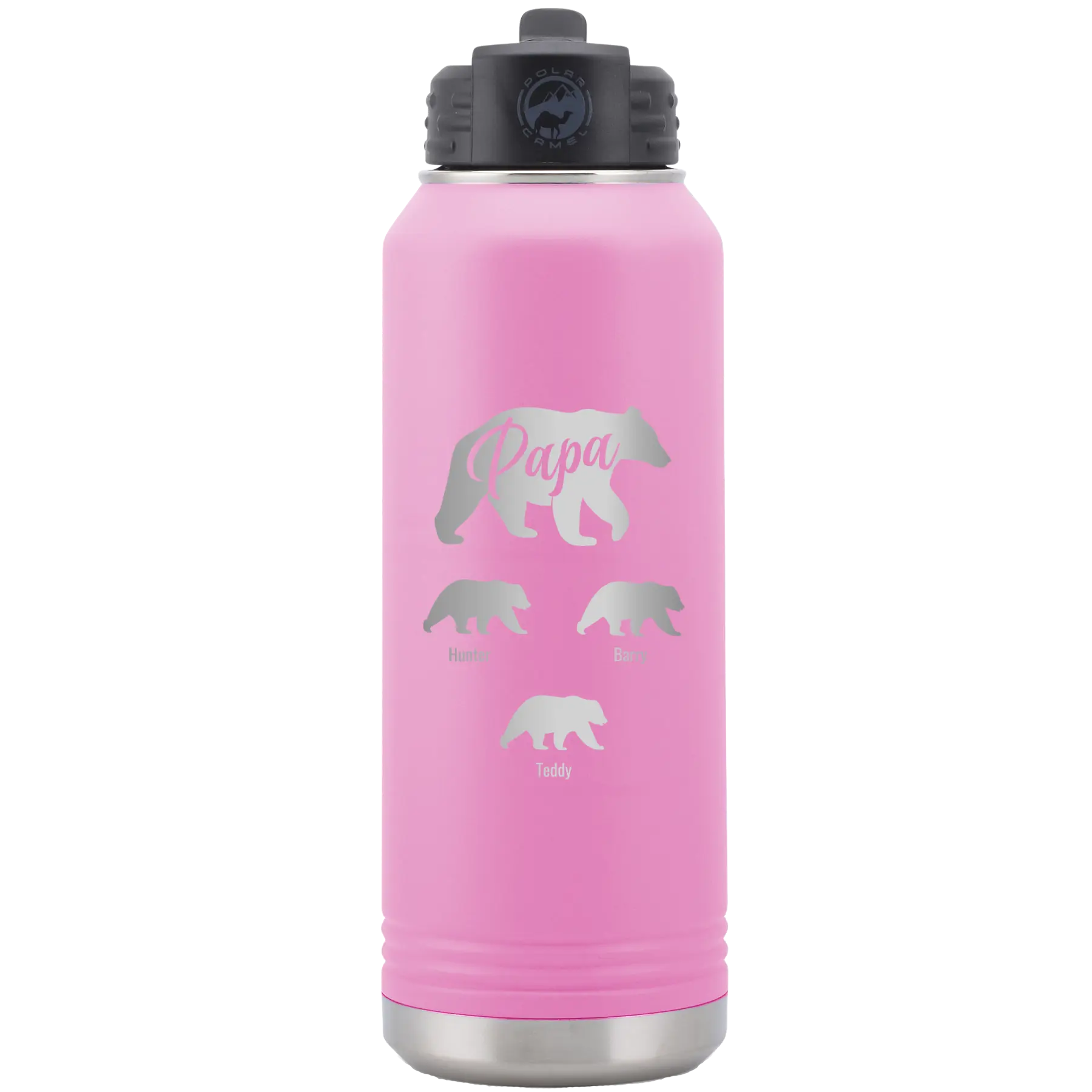 Personalized light purple 32 oz vacuum insulated water bottle with 'Papa Bear 3 baby bears' design