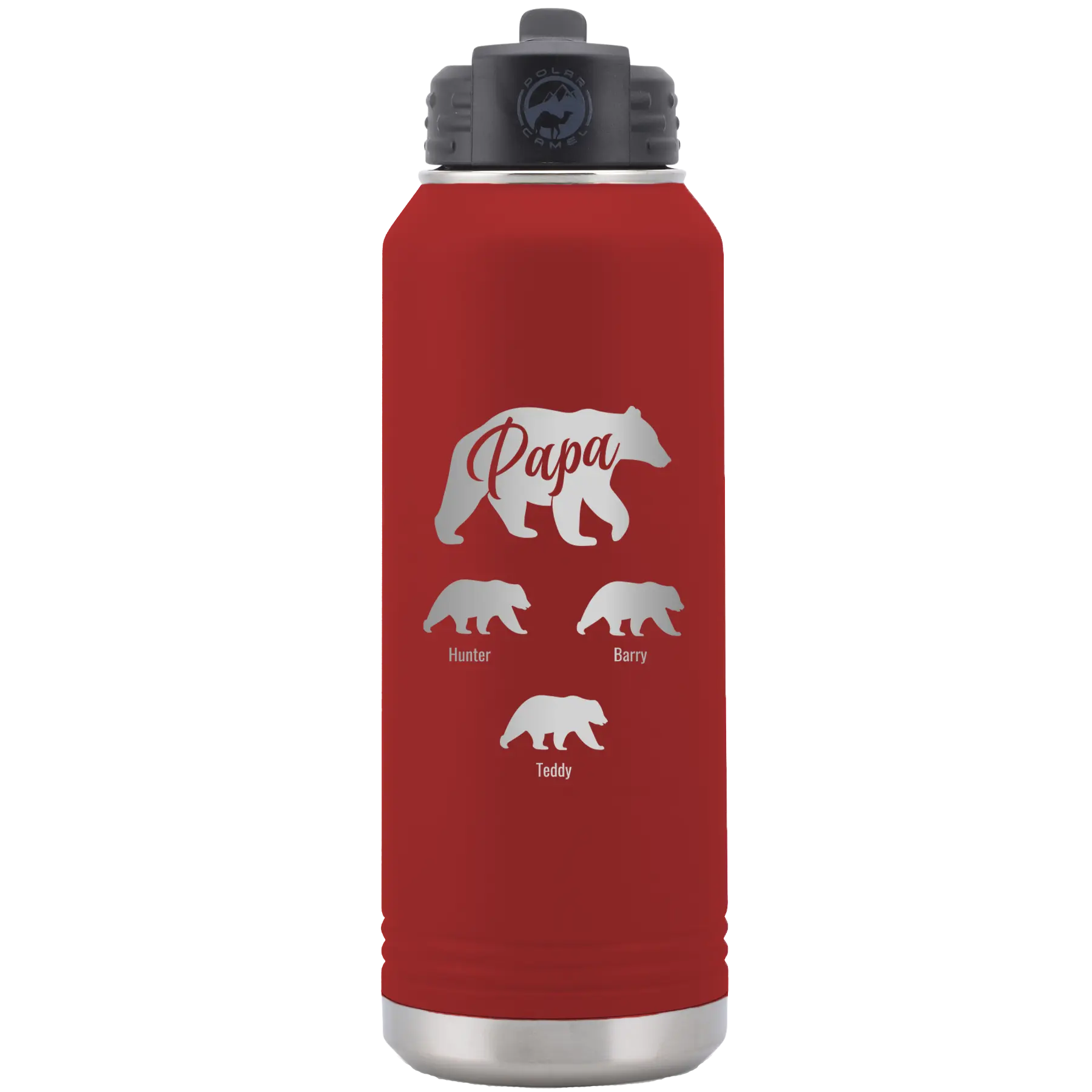 Personalized maroon 32 oz vacuum insulated water bottle with 'Papa Bear 3 baby bears' design