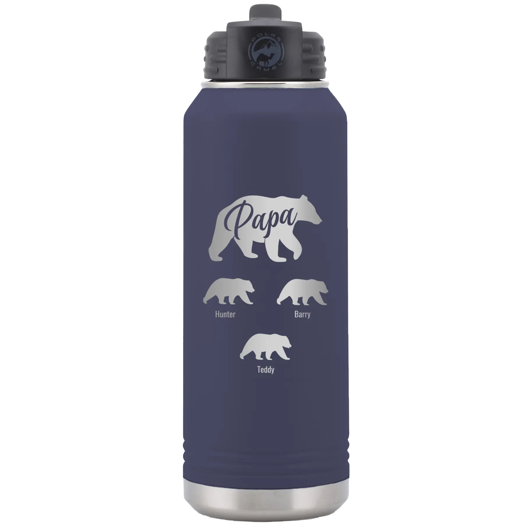 Personalized navy 32 oz vacuum insulated water bottle with 'Papa Bear 3 baby bears' design