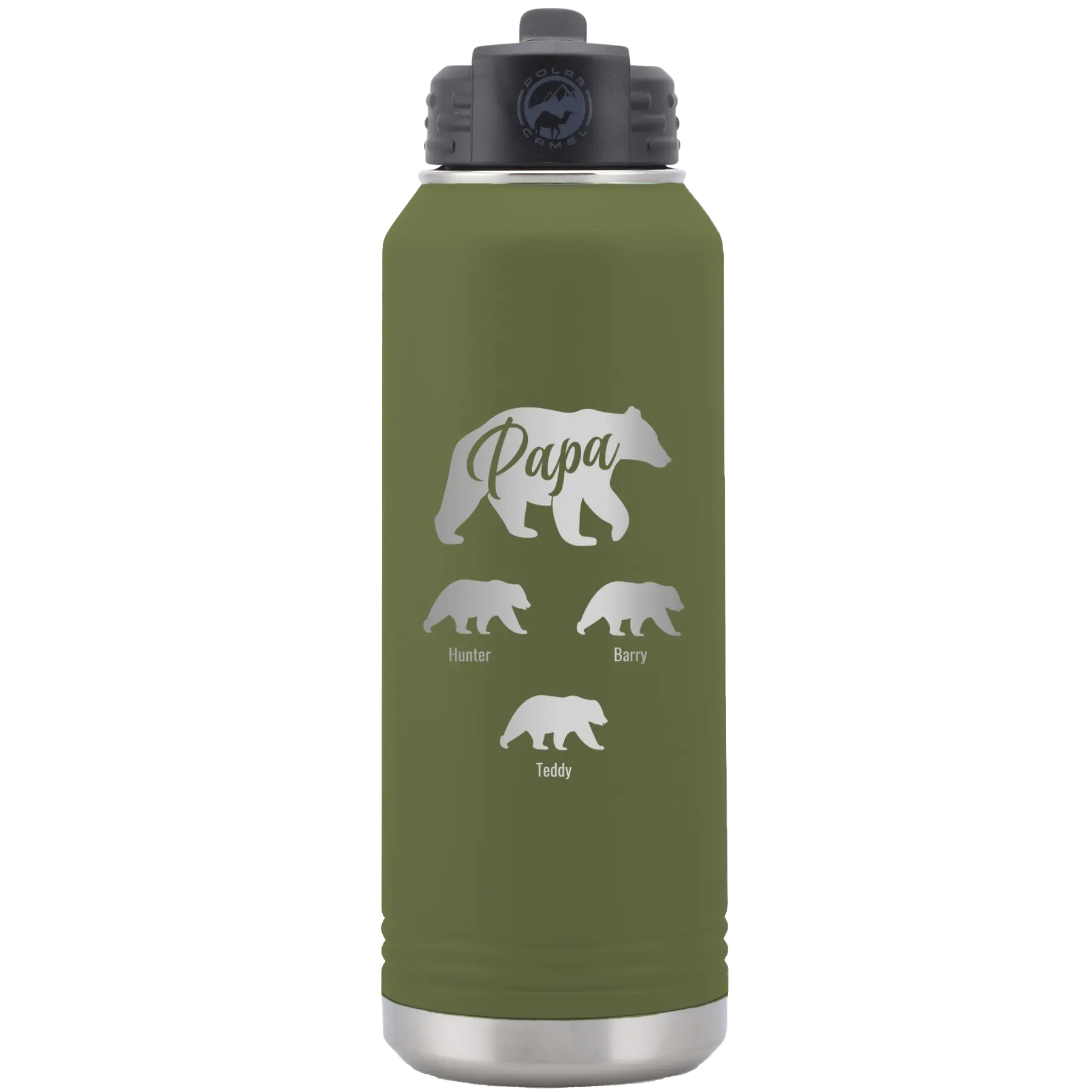 Personalized olive green 32 oz vacuum insulated water bottle with 'Papa Bear 3 baby bears' design